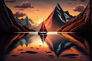 Wall Mural - sunset sailboat gliding past tranquil lake surrounded by mountains, created with generative ai