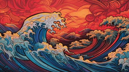 Surf wave background. Colourful illustration of a sea wave with waves, generative Ai
