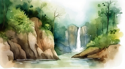 Sticker - A waterfall hidden in the forest watercolor Generative AI 