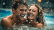 Happy couple has fun in the pool and enjoys the summer. Smiling and laughin at sunshine. Generative Ai	