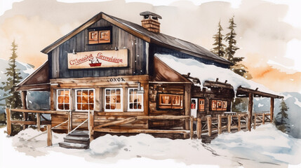 Canvas Print - Burger restaurant with ski cabin decor watercolor Generative AI 