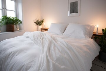 Wall Mural - crisp white sheets and fluffy duvet, ready for a good night's sleep, created with generative ai