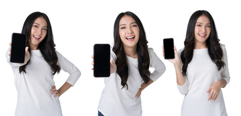 Beautiful Asian woman holding smartphone mockup of blank screen Isolate die cut on transparent background