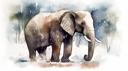 Wall Mural - Elephant in the snow watercolor Generative AI 