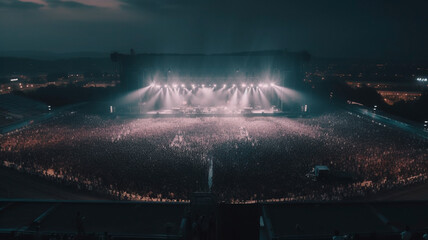 Wall Mural - People crowd celebrating music festival concert in stadium. Generative AI