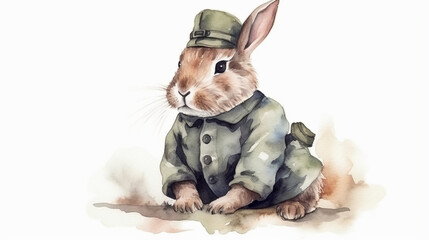 Wall Mural - Rabbit in military clothes watercolor Generative AI 