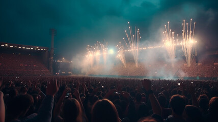 Wall Mural - People crowd celebrating music festival concert in stadium. Generative AI