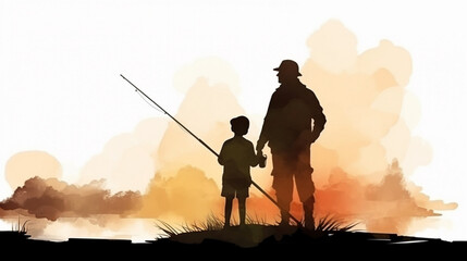 Sticker - Silhouette of father and son fishing watercolor Generative AI 