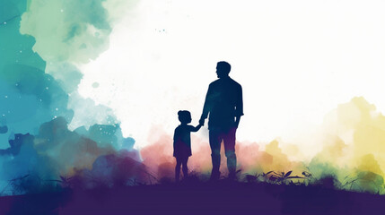 Poster - Silhouette of father and son embracing watercolor Generative AI 