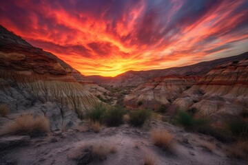 Wall Mural - majestic sunset over fiery canyon, with the sky painted in vibrant and warm hues, created with generative ai