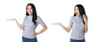 Young Asian woman opeing hand to empty space and looking hand Isolate die cut on transparent background