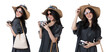 Young Asian woman Wearing a dress with a sun hat and sunglasses holding a camera travel concept Isolate die cut on transparent background
