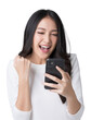 Pretty Asian woman looking at smartphone screen feeling happy win and successful Isolate die cut on transparent background