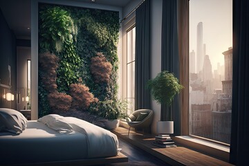 Wall Mural - luxurious hotel room with vertical garden on wall and view of bustling city street, created with generative ai