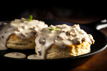 American biscuits from scratch covered with thick white sausage gravy.