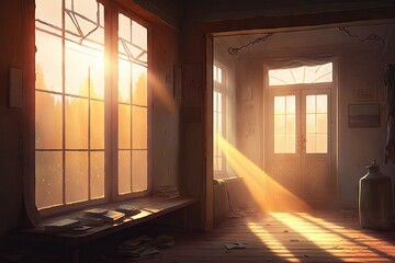 Canvas Print - a slow sunrise, with sunlight streaming through a window and illuminating the room with warm light, created with generative ai