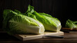 Fresh cut chinese cabbage on wooden background. AI Generative