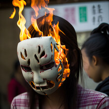 AI Generated Illustration. A Japanese Girl Behind A Burning Mask