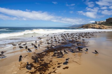 Wall Mural - oil spill on sandy beach, with seagulls and pelicans flying overhead, created with generative ai