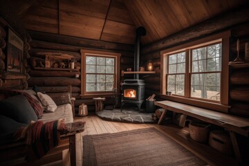 Poster - cozy cabin retreat with wood-burning fireplace and stack of firewood, created with generative ai