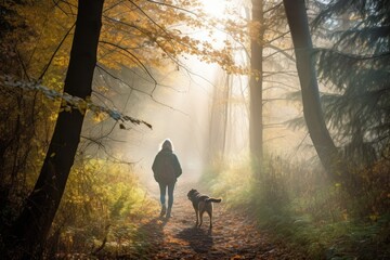 Sticker - woman, taking her dog for walk in misty forest, with the morning sun filtering through the trees, created with generative ai