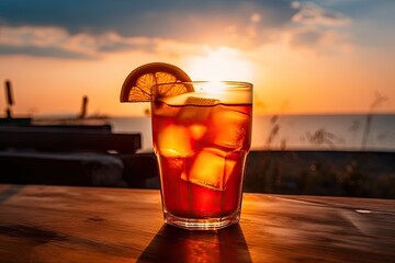 Canvas Print - beautiful summer sunset with glass of iced tea and slice of lemon, created with generative ai