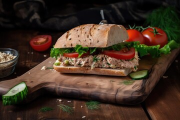 Wall Mural - tuna salad sandwich on rustic roll, with tomatoes and dill pickle slices, created with generative ai