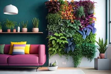 Poster - a vertical garden on a bright and airy wall, with pops of color, created with generative ai