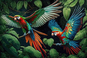 Poster - parrots in a jungle, hanging from tree branches and flapping their wings, created with generative ai