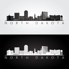 North Dakota state skyline and landmarks silhouette, black and white design. Vector illustration.