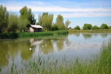 Sticker - wildlife refuge with tranquil lake and full of wildlife, created with generative ai