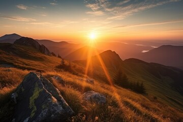 Canvas Print - majestic mountain landscape with sunrise, showing the sun peeking over the horizon, created with generative ai