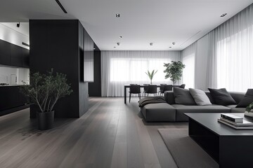 Poster - minimalist home with black and white color palette, sleek furniture, and minimalist details, created with generative ai