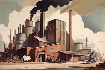 Sticker - large pulp and paper mill, with smoke and steam billowing from the factory, created with generative ai