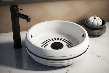 Poster - round white wash basin with black drain and hardware, created with generative ai