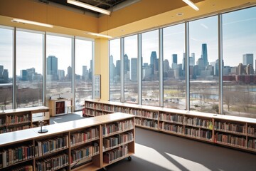 Poster - library, with view of bustling city skyline in the background, created with generative ai