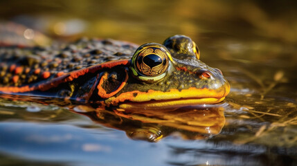 Wall Mural - A frog peeking out of a lake Generative AI 