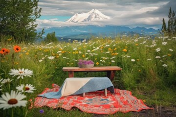 Canvas Print - picnic blanket surrounded by blooming wildflowers and a scenic mountain view, created with generative ai