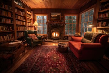 Sticker - cozy cabin retreat with fire burning in the hearth, surrounded by plush armchairs and books, created with generative ai