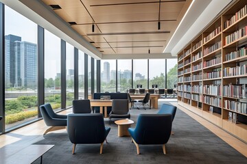 Poster - bright and modern library with sleek furniture, floor-to-ceiling windows, and technology, created with generative ai