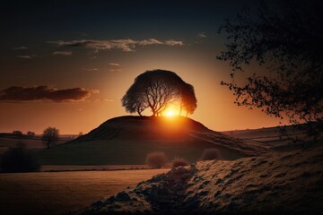 Canvas Print - view of sun setting behind hill, with trees and fields in the foreground, created with generative ai