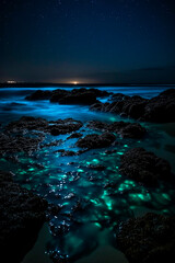  Beautiful blue sea night landscape. Nature. Selective focus. Generative AI	