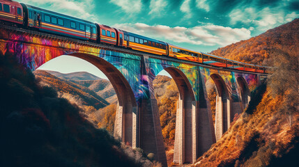 Wall Mural - A speeding train crossing an impressive viaduct Generative AI 