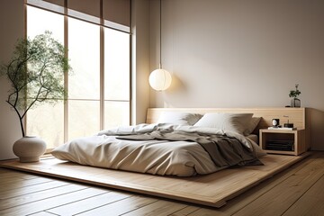 Sticker - minimalist bedroom with tatami mat flooring and natural linens, created with generative ai