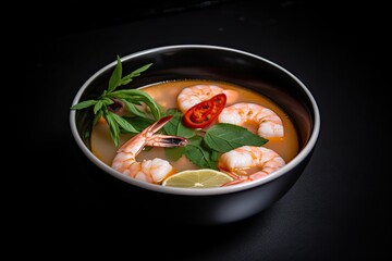 Canvas Print - a minimalistic bowl of tom yam soup with fresh herbs, shrimp, and lime, created with generative ai