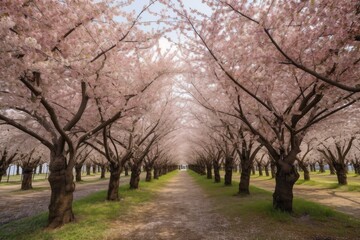 Poster - cherry blossom garden, with rows of cherry trees in full bloom, created with generative ai