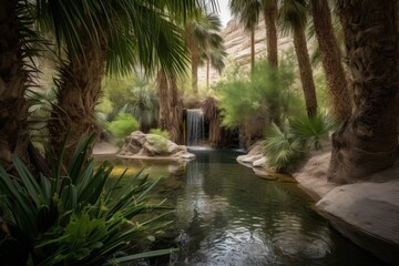 Wall Mural - desert oasis with waterfall, surrounded by greenery, created with generative ai