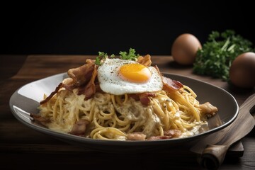 Canvas Print - plate of spaghetti carbonara topped with crispy bacon and eggs, created with generative ai