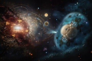 Wall Mural - nebulae and galaxies colliding, with stars and planets in their paths, created with generative ai