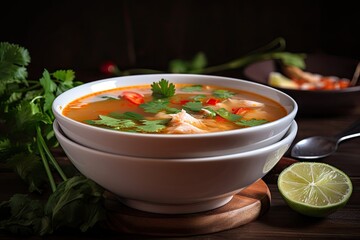 Canvas Print - bowl of tom yam soup, garnished with cilantro and lime wedge, created with generative ai